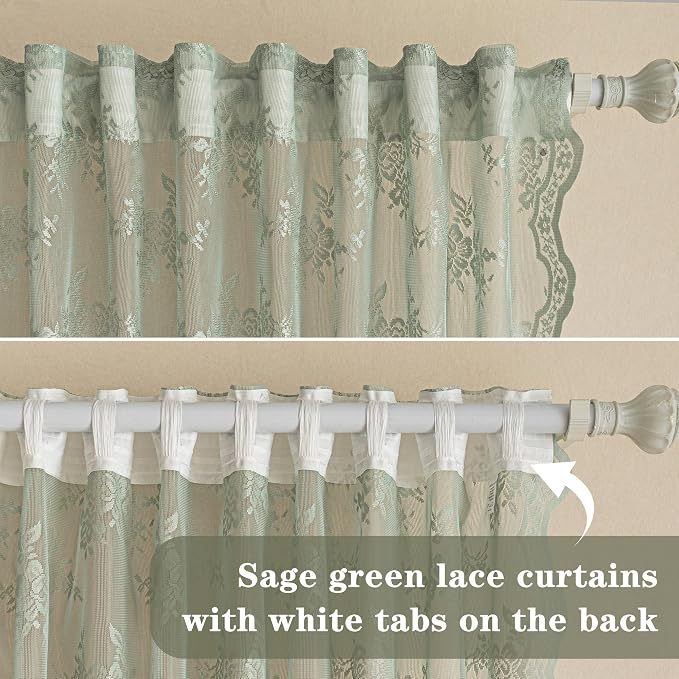 MEETSKY Lace Sheer Curtains 63 Inch Length Sage Green Spring Curtains Vintage Victorian French Lacy Curtain for Living Room Bedroom Light Filtering Drapes, 50" W Each Panel, 2 Panels