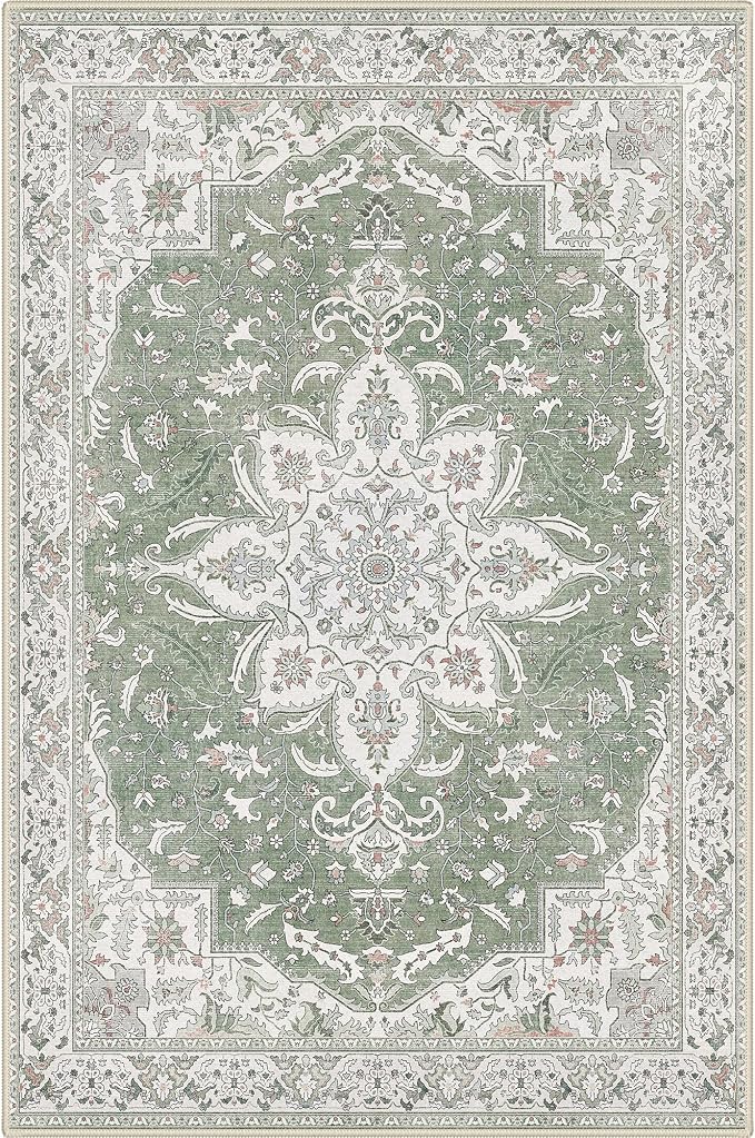 GENIMO 5X7 Washable Vintage Area Rugs for Living Room, Non-Slip Low Pile Chenille Print Rug, Soft Rugs for Bedroom Dining Room Home Office, Sage & Linen