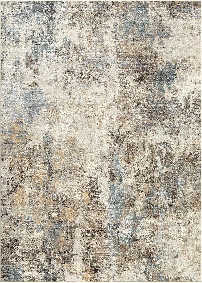 WITSHOCK Area Rugs 10x14 Living Room Rug - Washable Neutral Soft Low Pile Non-Slip Modern Abstract Thin Large Indoor Carpet for Bedroom Dining Room Nursery Office - Brown/Teal/Blue