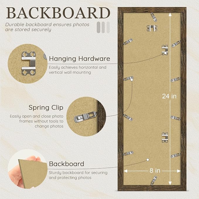Picrit 8x24 Wooden Brown Rustic Collage Picture Frame 3 Pack, Fits Five 4x6 Photos or One 8x24 Picture, Gallery Frame Set - Poster Frames for Horizontal or Vertical Display