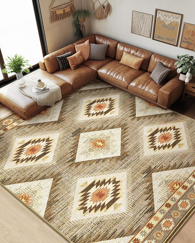 BESTSWEETIE Area Rug 6x8 Rug Machine Washable Non-Slip Low Pile Print Pattern Western Rug for Living Room Bedroom Entryway Tribal Series-Cream/Camel
