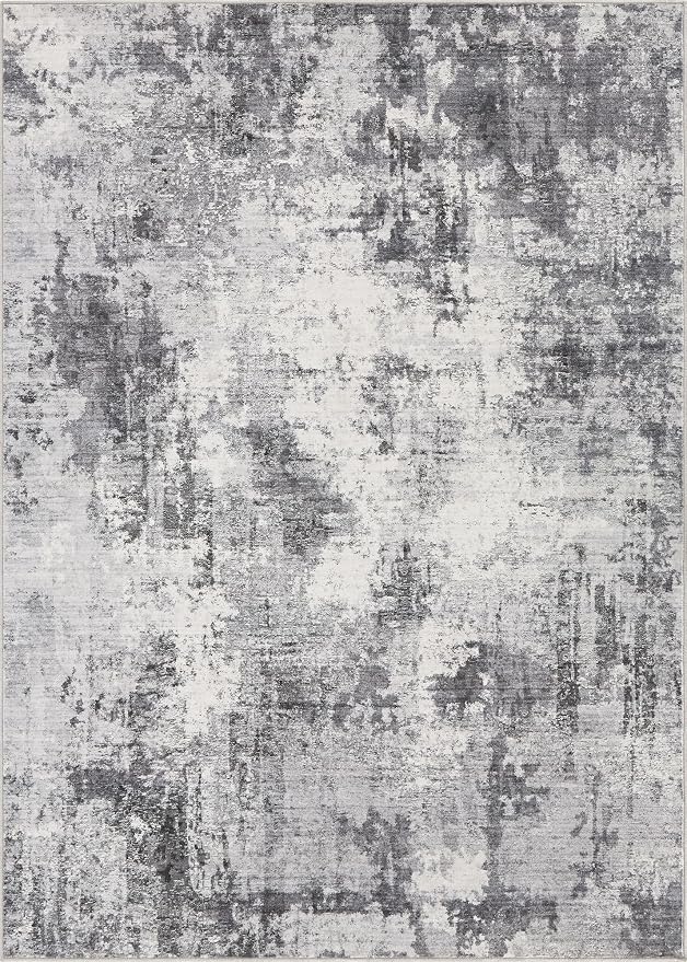 Abstract 10x12 Area Rug: Machine Washable Non Slip Ultra Thin Low-Pile Carpet, Soft Stain Resistant for Living Dining Room Bedroom, Kid Pet Friendly, Robot Vacuum Compatible - Grey