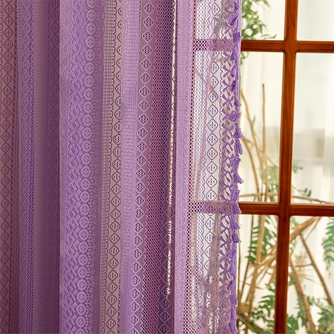 Sutuo Home Lace Sheer Boho Curtains for Living Room Dining Room, Bohemian Drapes Crochet Vintage Chic Tassels French Country Window Curtains Geometric Decor, Rod Pocket 1 Panel 59" W x 96" L, Lavendar