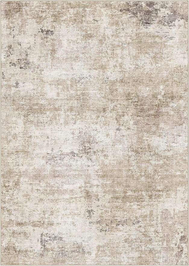 Abstract 6x9 Area Rug: Machine Washable Non Slip Ultra Thin Low-Pile Carpet, Soft Stain Resistant for Living Room Bedroom Nursery, Kid Pet Friendly, Robot Vacuum Compatible - Brown