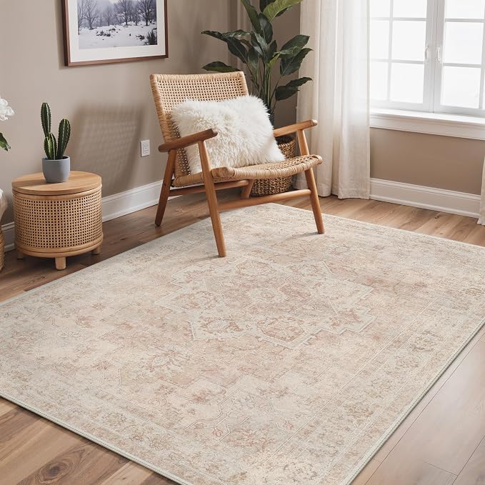 GENIMO 10x14 Area Rugs for Living Room, Machine Washable Rug, Non Slip Indoor Vintage Rug, Low Pile Lightweight Print Carpet for Bedroom Dining Room Home Office, Light Pink