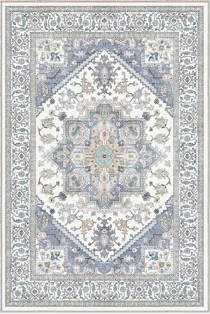 OPPODREAM Soft Throw Rugs 2x3, Small Washable Entryway Rugs 2 x 3 with Non Slip Backing, Low-Pile Faux Cashmere 2 x 3 Carpet, Purple & Green & Cream