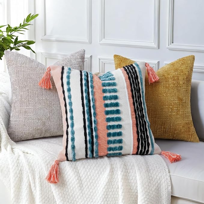 NUYECY Boho Throw Pillow Covers 16x16 Aesthetic Neutral Boucle Couch Pillow Cover Rainbow Striped Decorative Accent Pillow Case for Couch Bed Sofa Farmhouse Bedroom,Modern Funky,Set of 2 Turquoise