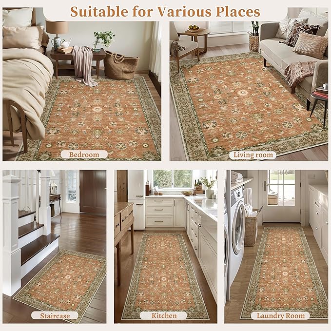 Tangsoo Floral Small Rug 2x3 Washable Rug for Entryways Vintage Non-Slip Area Rugs Terracotta Entry Rugs Distressed Floor Carpet Soft Low Pile Door Mat for Entrance Bedroom Kitchen Foyer Decor