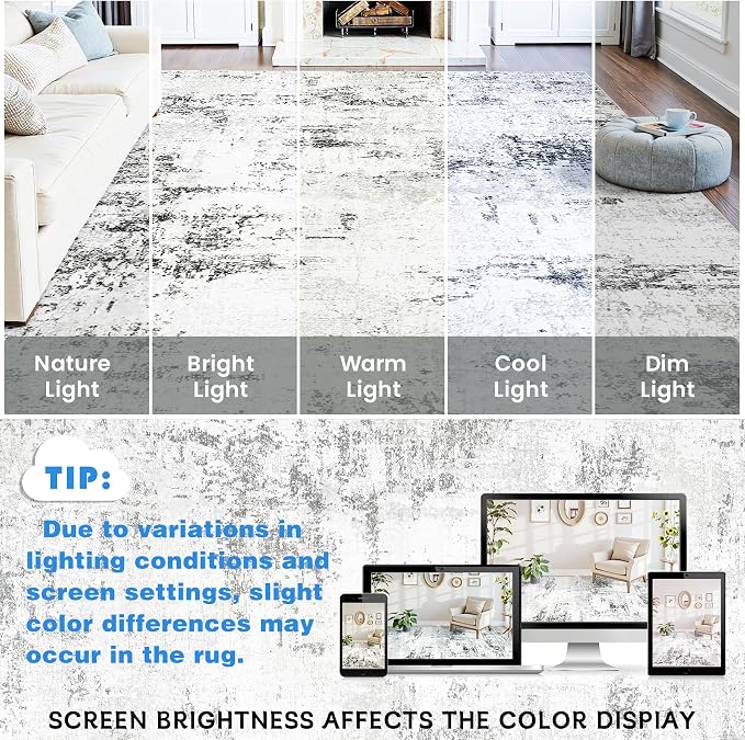 Area Rugs 10x14 Living Room: Large Modern Abstract Washable Rug Soft Anti-Skid Non-Shedding Carpet Indoor Floor Thin Carpets for Bedroom Dining Room Farmhouse Nursery Home Office White Grey Black