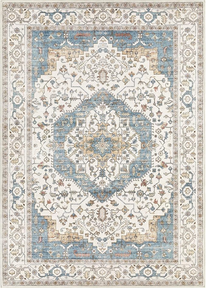Area Rug for Living Room - 7x9 Soft Washable Oriental Vintage Floral Distressed Large Carpet - Fade Stain Resistant Non Slip Rugs for Bedroom Dining Room Nursery Dorm Office Home Decor - Blue/Beige