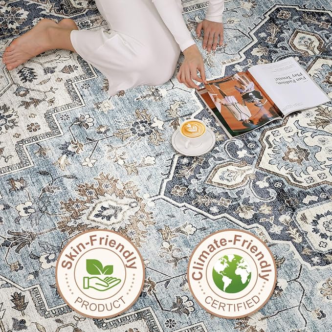 6x8 Area Rug Living Room: Washable Boho Large Neutral Vintage Soft Rug Stain Resistant Farmhouse Non-Slip Indoor Floor Carpet for Bedroom Nursery Kids Office Dining Room Home House- Blue Tan