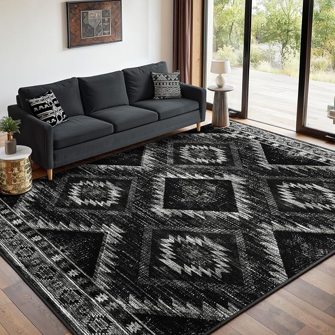 BESTSWEETIE Area Rug 7x9 Rug Machine Washable Non-Slip Low Pile Print Pattern Western Rug for Living Room Bedroom Entryway Tribal Series-Black