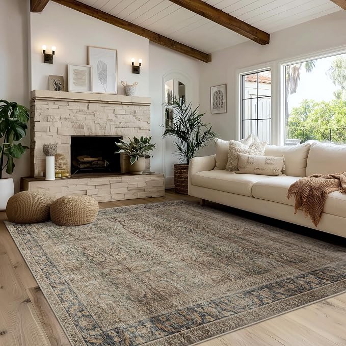 Fmfunctex 5x7 Washable Area Rug Neutral Vintage Brown Distressed Non Slip Low Pile Retro Indoor Carpet for Living Room Bedroom Soft Mat Throw Rug for Dining Office Kitchen Dorm Nursery Entryway, Multi