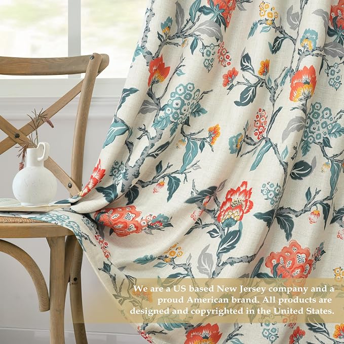 DriftAway Ada Floral Botanical Print Flower Leaf Lined Thermal Insulated Room Darkening Blackout Window Curtains 2 Layers Set of 2 Panels Each 52 Inch by 84 Inch Orange Teal Beige Linen