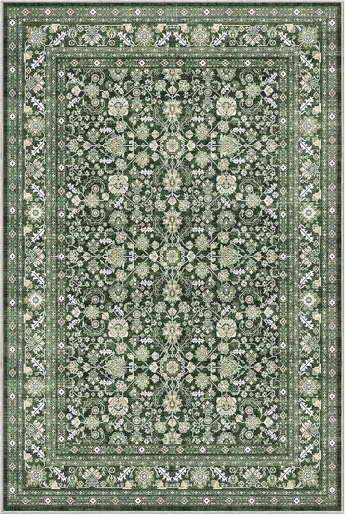 OPPODREAM Low-Pile Area Rugs, Faux Wool Carpet for Living Room, Kitchen, Office, Dorm, Bedroom, Vintage Washable Rug Non Slip, Dark Green, 6'x9'