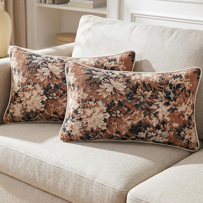 Vintage Floral Throw Pillow Covers 12x20 Inches Set of 2 Lumbar Boho Farmhouse Pillow Cases Premium Chenille Textured Decorative Cushion Covers for Couch Retro Garden Farmhouse Style Caramel