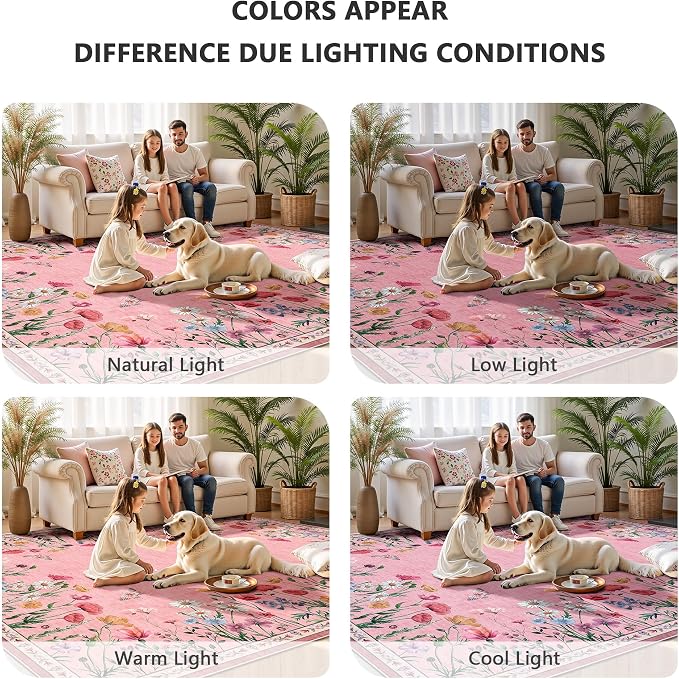 8x10 Area Rugs, Machine Washable Low Pile Floral Rugs for Living Room, Bedroom, Large Area Rug with Non-Slip Backing for Dining Room(Pink)