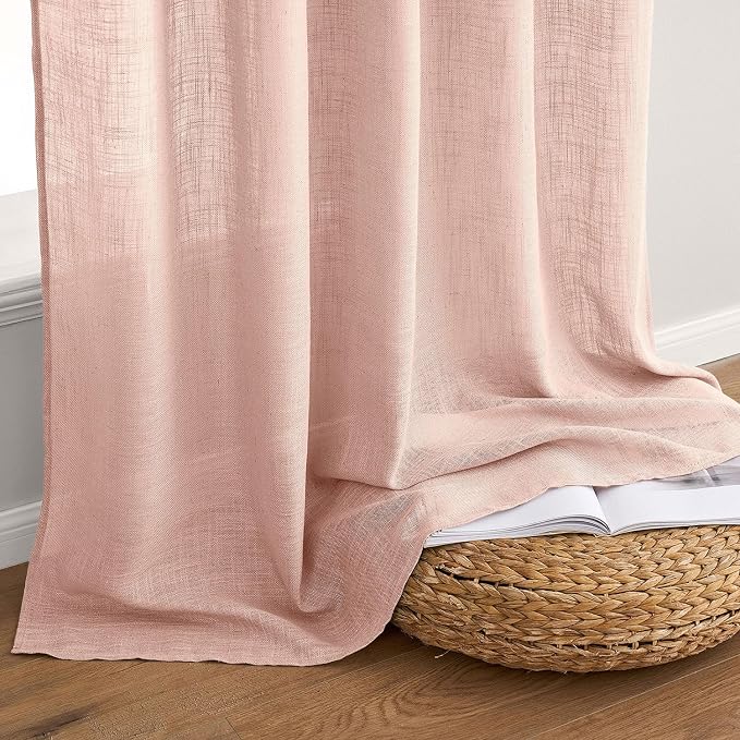 MIULEE Blush Pink Linen Curtains 90 Inch Long 2 Panels for Bedroom, Soft Thick Linen Textured Window Drapes Semi Sheer Light Filtering Back Tab for Living Room Light Pink Decor