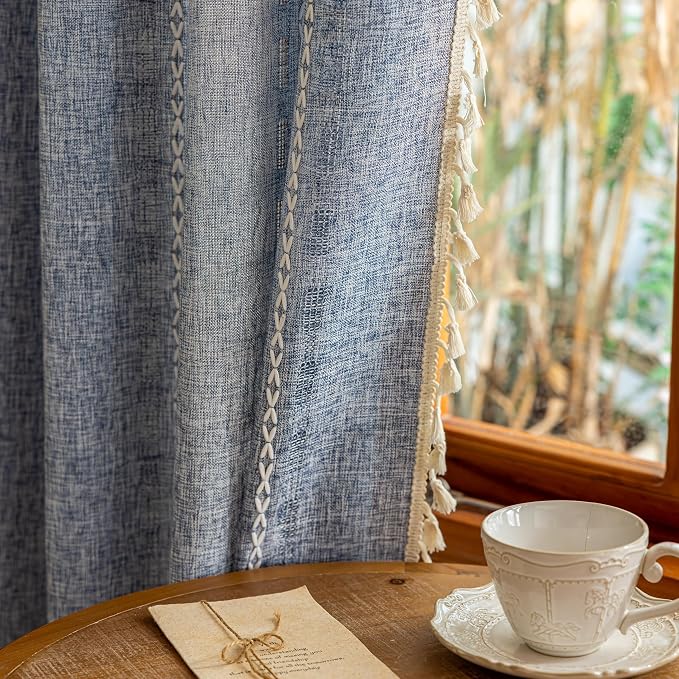 Blue Boho 96 inch Curtains 2 Panel Set for Living Room Dining room Floor to Ceiling, Light Filtering Tassels Privacy Country Vintage Embroidery Bohemian Stripes Window Treatment Back Tab, 50"W