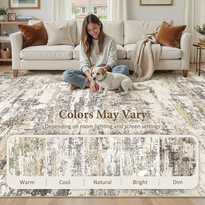 Area Rugs 6x9 Living Room: Washable Large Abstract Modern Neutral Soft Rug Stain Resistant Non-Slip Backing Carpet for Bedroom Dining Room Indoor Nursery Dorm Home Office Decor - Gold Brown