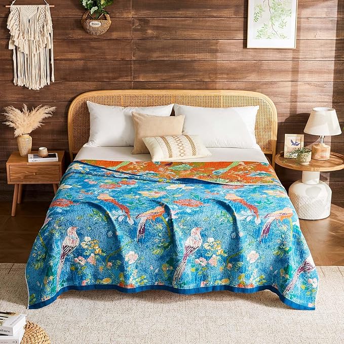 Boho Throw Blanket 100% Cotton Muslin Woven Blanket Bohemian Bed Throws Vintage Rustic Farmhouse Decor Reversible Bed Blanket Quilt for All Seasons(Blue 90"x98")