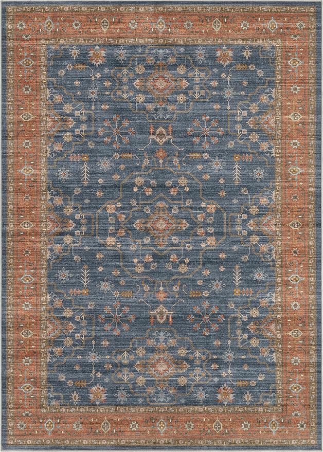 10x14 Area Rug for Living Room- Machine Washable Soft Oriental Vintage Large Indoor Floor Carpet for Bedroom Under Dining Table Home Office Decor - Blue Terracotta