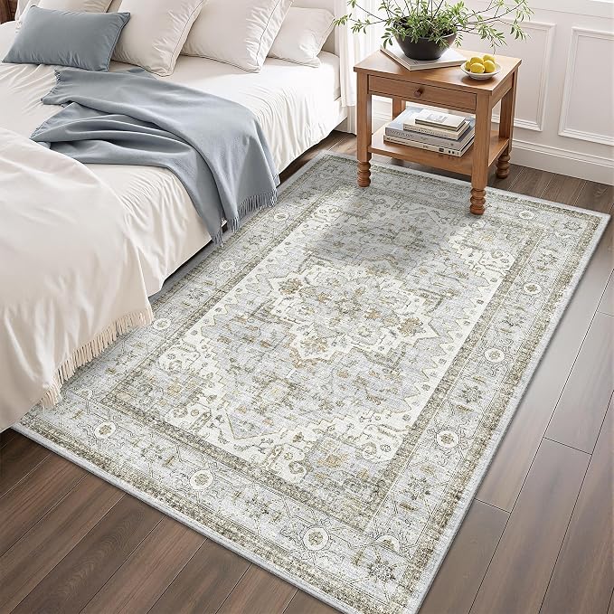 Area Rugs for Living Room - 4x6, Boho Non-Slip Low Pile Carpet Washable Rugs for Bedroom,Office, Dining Room Blue