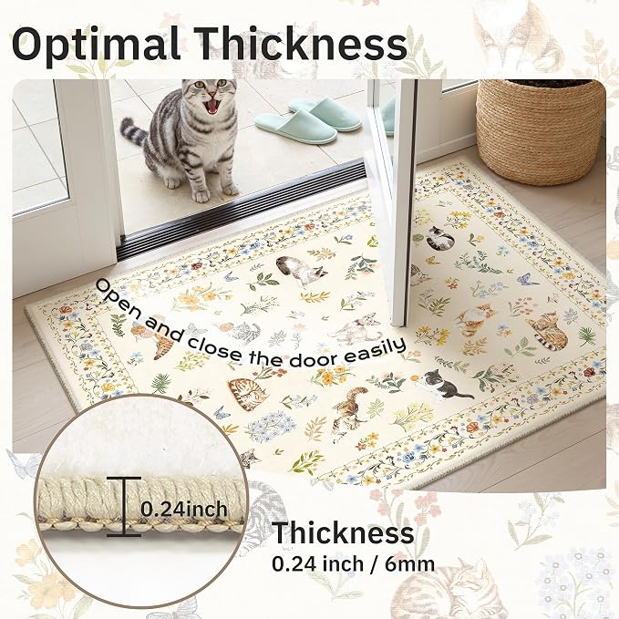 Soalmost Cat 9x12 Area Rugs for Living Room, Machine Washable Animal Floral Vintage Rug Non-Slip Low Pile Soft Throw Large Rugs for Classroom Bedroom Dining Room Nursery Playroom (9 x 12,Beige)