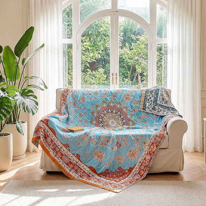 LUTBM Boho Throw Blanket for Couch Sofa Chair Cotton Spring Blankets for Bedroom Living Room All Season Lightweight Reversible Floral Embroidery Decorative Throws 50"x60"