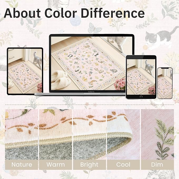 Soalmost Cat 3x5 Area Rugs for Entryway, Machine Washable Animal Floral Accent Rug Non-Slip Low Pile Soft Throw Rugs for Kitchen Bedside Living Room Bedroom Kids Room (3 x 5,Pink)