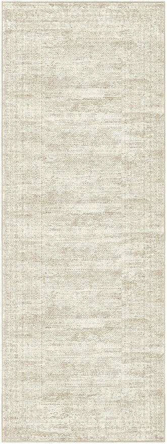 UERMEI 3x8 Washable Runner Rug for Hallway, Non Slip Low Pile Kitchen Carpet, Neutral Modern Abstract Indoor Floor Mat for Entryway Laundry, Kid & Pet Safe High Traffic Area, Beige/Brown