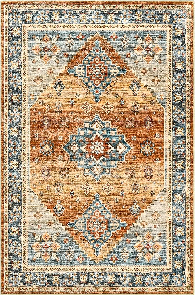 Roxstand Area Rugs 5x7, Low Pile Non-Slip Backing Rugs, Super-Soft Home Decor Washable Rugs 5x7 Under Table, Foldable Floral Vintage Area Rug for Living Room (Navy/Orange, 5'x7')