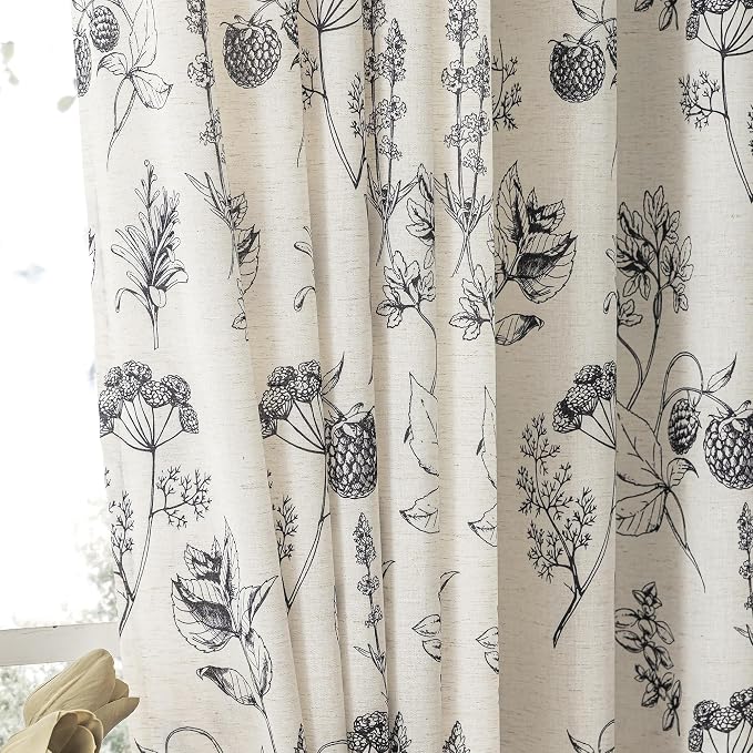 FMFUNCTEX Linen Curtains Floral Patterned Curtain for Bedroom Living Room, Black Curtains 96 Inches Long Farmhouse, Light Filtering Beige Window Curtain Grommet Top 2 Panels Set