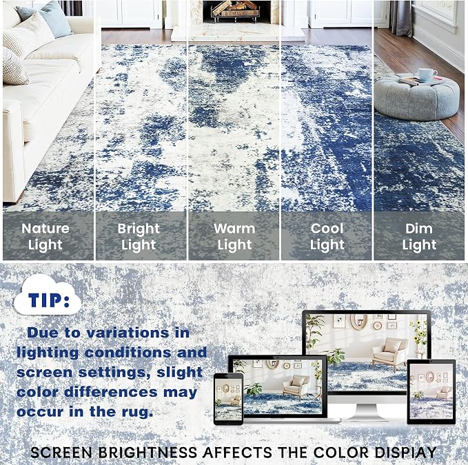 Area Rug Living Room Rugs: 8x10 Large Soft Indoor Carpet Modern Abstract Decor Rug with Non Slip Rubber Backing for Under Dining Table Nursery Home Office Bedroom Blue