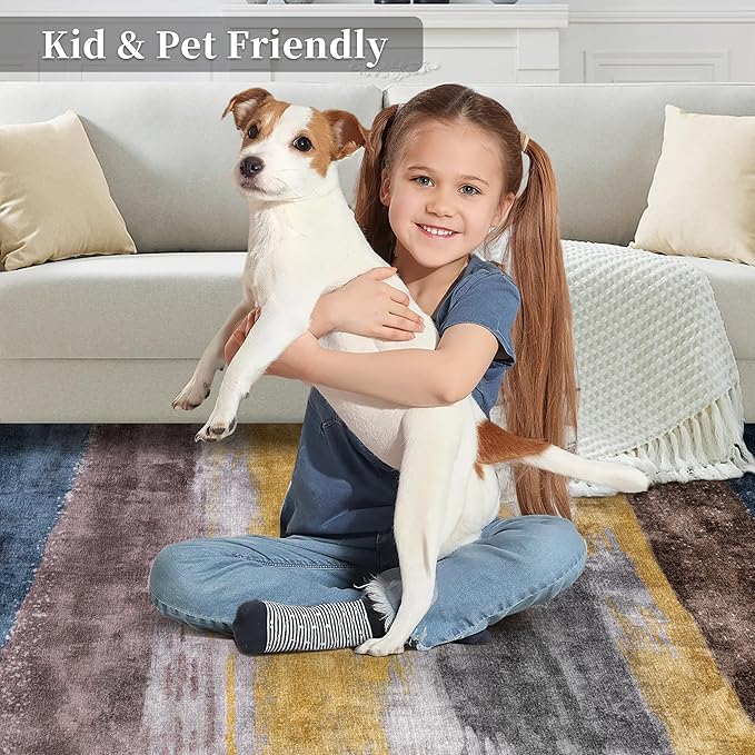 Ciicool Modern Abstract Yellow Blue Rug for Living Room, 6'x9' Machine Washable Area Rug Non-Slip Rug, Low-Pile Contemporary Indoor Dining Floor Carpet for Bedroom Office Under Table Home Decor
