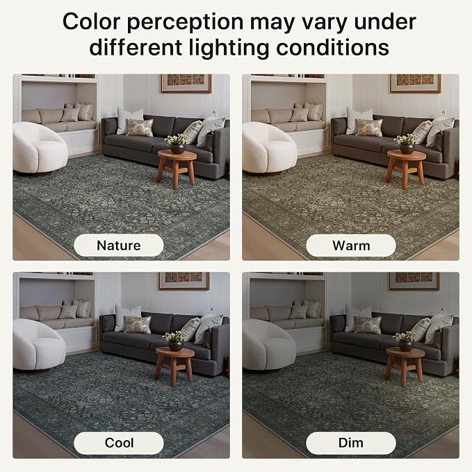 Bavni 2.6x6 Rug Runners for Hallways, Washable Runner Rug Non Slip,Vintage Floral Print Style Rugs for Bedroom-Lightweight Low Pile Carpet for Hallways Bathroom, Dark Green