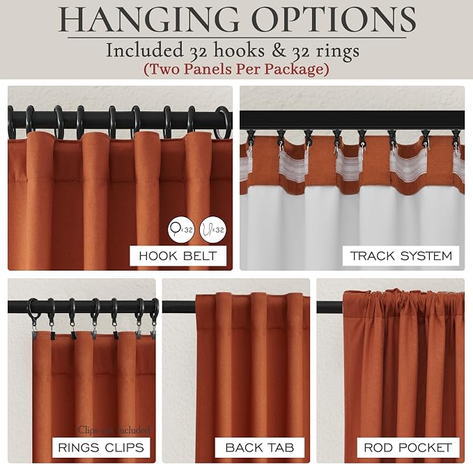 Fall Burnt Orange Curtains Blackout 86 Inches Long 2 Panels Set,Terracotta Autumn Color Decor Retro for Living Room/Bedroom Antique Copper Rust Boho 70s Window Pleated Linen Drapes Thermal (W50"xL86")
