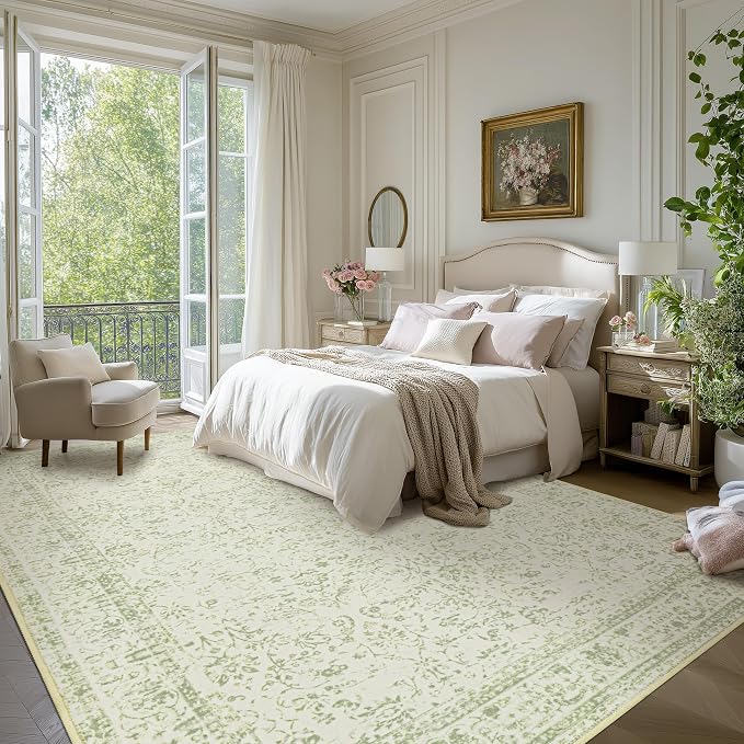 Light Green Nursery Rug Boy Girl 6x9 Area Rugs Washable Non Slip Low Pile Soft Boho Neutral Floral Print Throw Carpet for Living Room Dining Room Sage Green Dining Room Rugs for Under Table 6 x 9
