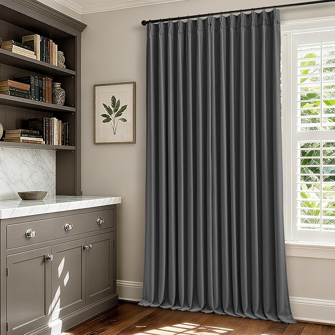 Dark Grey Pinch Pleated Blackout Curtains 102 Inches Long for Bedroom 100% Black Out Thick Linen Dual Layer Pleated Drapes Farmhouse Country Charcoal Gray 102 Inch Curtain for Dining Living Room