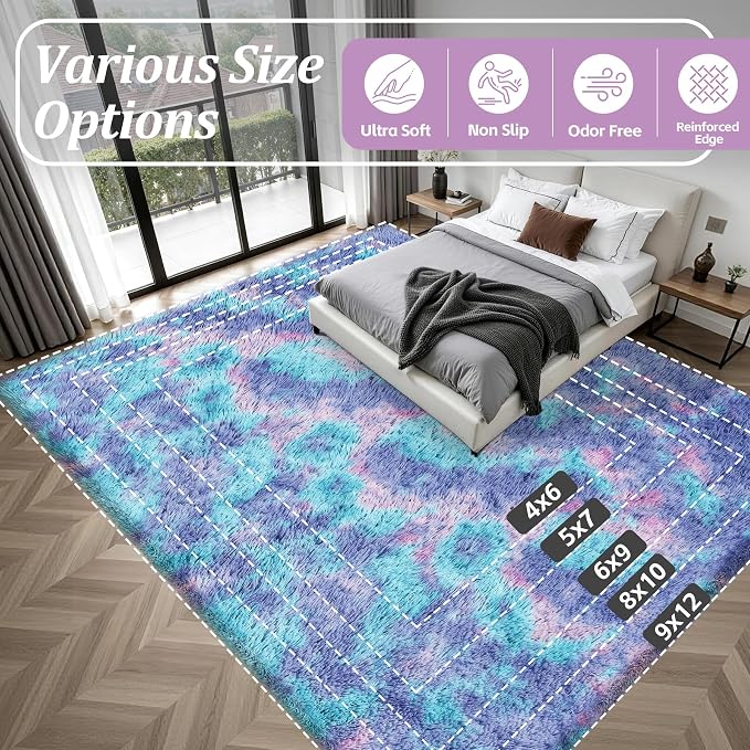 6x9 Area Rugs for Living Room Bedroom: Ultra Soft Fluffy Shag Rug Upgrade Non-Slip Non-Shedding Large Fuzzy Plush Carpet Indoor Floor Carpets for Kids Room Playroom Nursery Dorms Home Rainbow Purple
