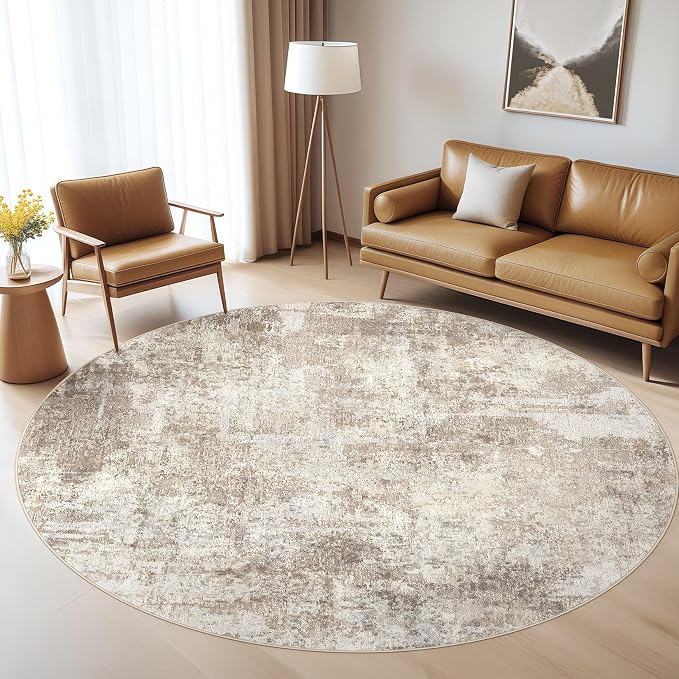 8ft Round Rug Living Room Rugs: 8x8 Washable Circle Large Abstract Modern Soft Stain Resistant Non-Slip Indoor Floor Carpet for Bedroom Nursery Office Dining Room Playroom Home House- Beige Brown