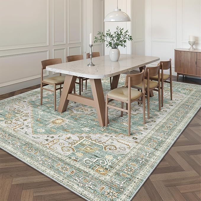 befbee 7x9 Washable Area Rug for Living Room, Low Pile Non-Slip Rugs for Bedroom Under Bed,Vintage Floral Large Rugs for Bedroom Home Decor,Green