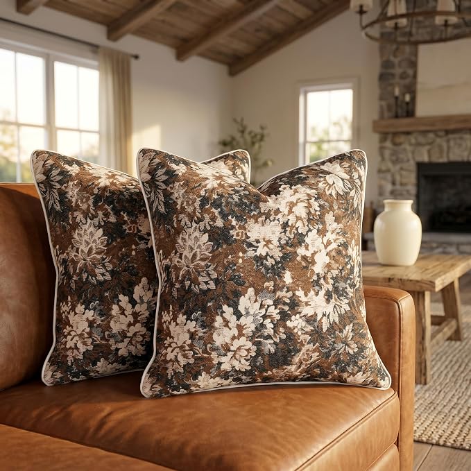 Vintage Floral Throw Pillow Covers 20x20 Inches Set of 2 Boho Farmhouse Pillow Cases Premium Chenille Textured Decorative Cushion Covers for Couch Retro Garden Farmhouse Style Brown