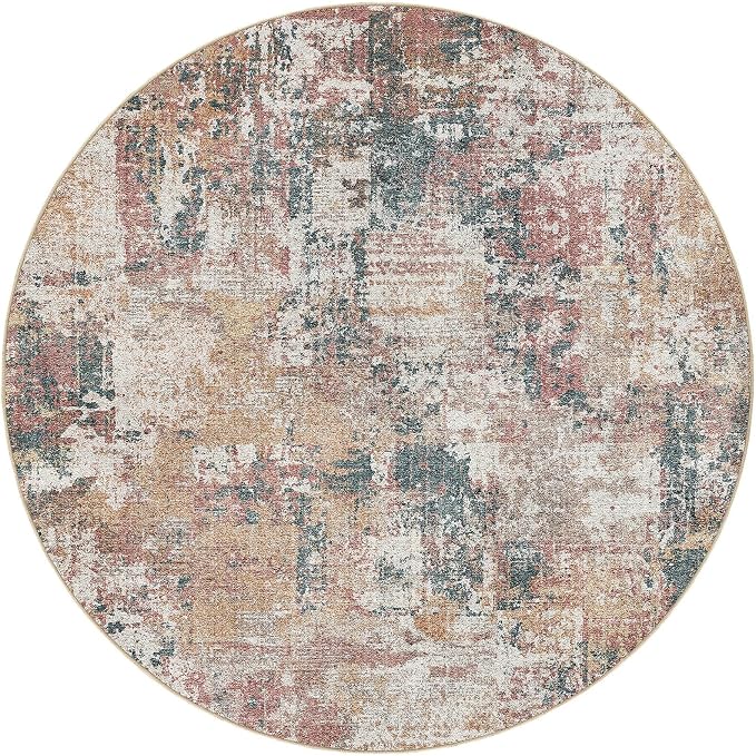 Tortania Washable 10' Round Area Rug for Living Room: Modern Abstract Neutral Large So' Thin Rugs - Non Slip Indoor Carpet for Bedroom Dining Room Office Nursery Home Floor Decoration - Colorful Multi