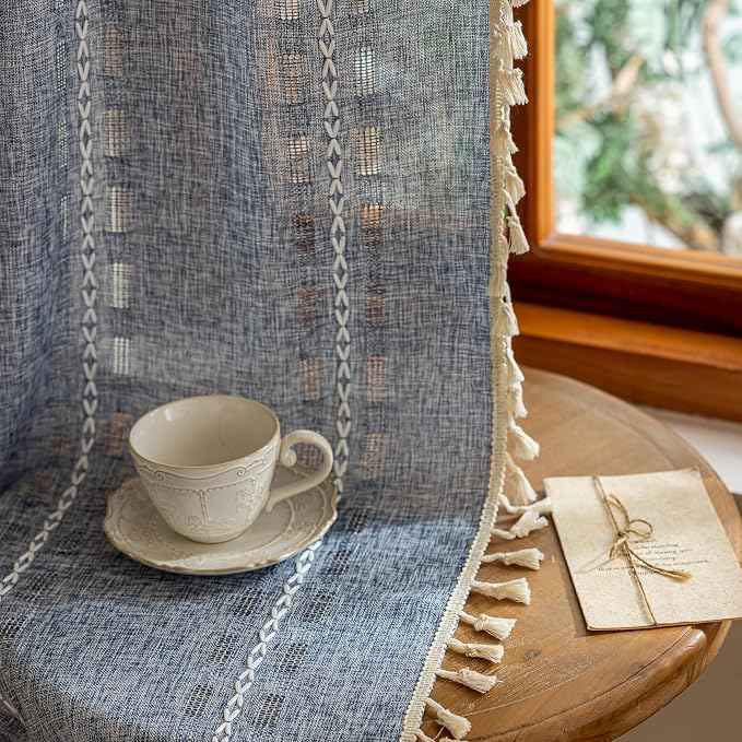 Blue Boho Semi Sheer Curtains 63 inch Length 2 Panel Set for Bedroom & Farmhouse, Bohemian Light Filtering Privacy Drapes Beige Tassels Shabby Chic Embroidery Window Curtains Back Tab & Rod pocket