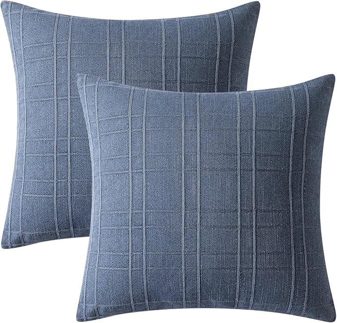 MIULEE Decorative Linen Check Throw Pillow Covers Neutral Farmhouse Vintage Pillow Covers 16x16 Set of 2 Boho Modern Home Decor for Sofa Couch Bedroom Cushion Blue