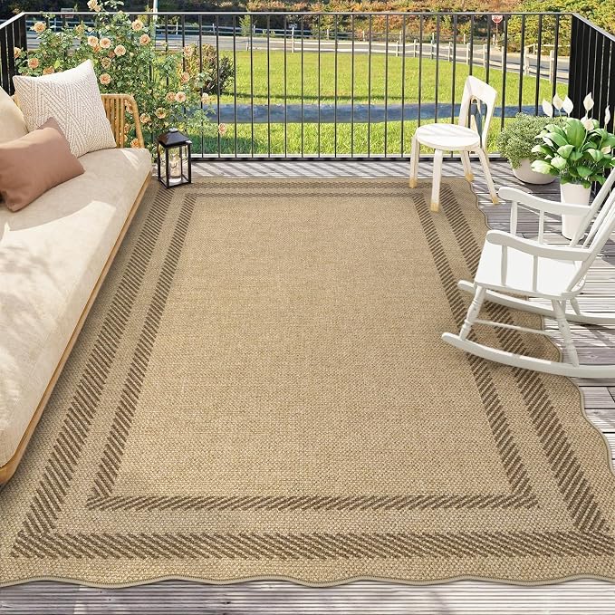 LIVEBOX Scalloped Washable 8x10 Rug, Easy Jute Tan Rug for Living Room, Indoor Outdoor Patio Non Slip Rugs for Bedroom, Geometric Farmhouse Dining Room Mat Modern Carpet Area Rug for Home Office Decor