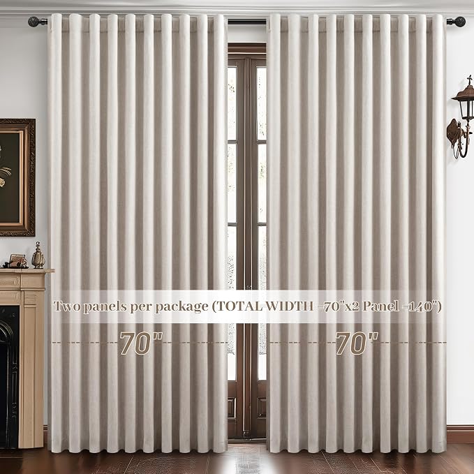 Extra Wide 70 Inch Blackout Curtains 96 Inches Long for Living Room, Rustic Boho Room Darkening Textured Linen Pleated Dining Room Office Insulated Ceiling Track Window Drapes 70"W x 96"L 2 Panels