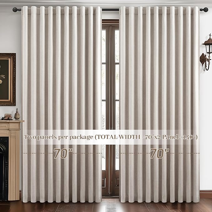 Extra Wide 70 Inch Length Blackout Curtains & Drapes 120 Inches Long 2 Panels Set for Sliding Glass Doors,Modern Pleated Linen Blend Heavy Floor to Ceiling Large Window Drapes(70"Wx120"Lx 2 Natural)