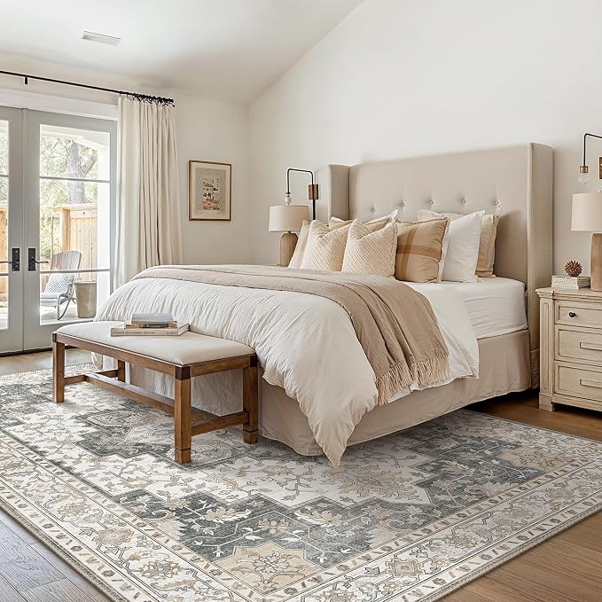 GENIMO 5x7 Area Rugs for Living Room, Machine Washable Non Slip Vintage Rugs, Low Pile Lightweight Print Rug for Bedroom, Dining Room, Home Office, Heathered Grey